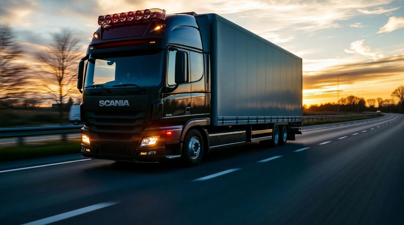 Vrachtwagen op Nederlandse snelweg bij zonsondergang